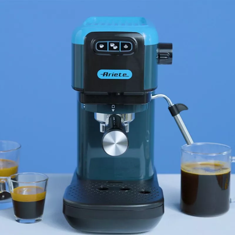 Ariete 1399 Espresso kafijas automāts, maltai kafijai un ESE pākstīm, 1300 W, 1,1 L tvertne, 15 bāru spiediens, 1, 2 krūzīšu un ESE pākstes filtrs, kapučīno, zils