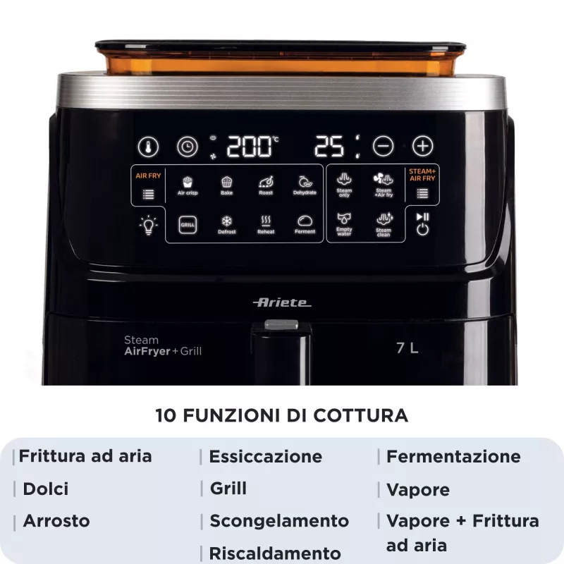 Ariete 4636 Gaisa fritieris ar tvaika funkciju + Grils, 1700 W, Dehidrēšanas funkcija, 10 gatavošanas funkcijas, Caurspīdīgs grozs, Taimeris, Melns