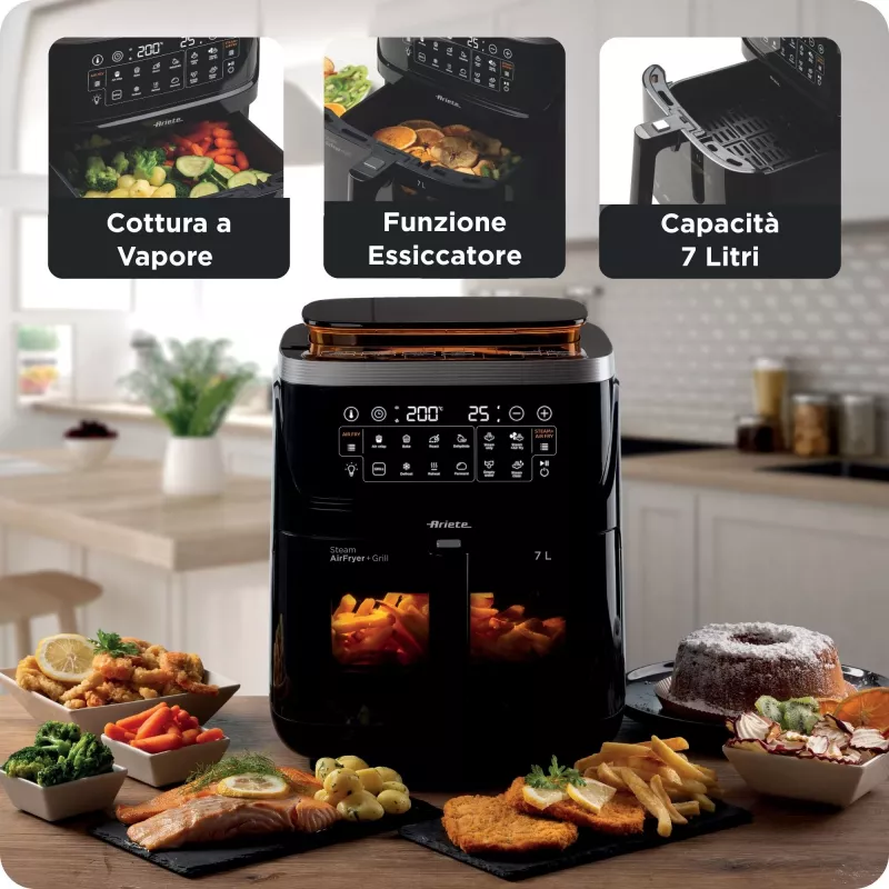 Ariete 4636 Gaisa fritieris ar tvaika funkciju + Grils, 1700 W, Dehidrēšanas funkcija, 10 gatavošanas funkcijas, Caurspīdīgs grozs, Taimeris, Melns