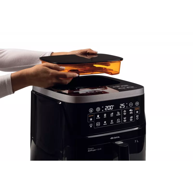 Ariete 4636 Gaisa fritieris ar tvaika funkciju + Grils, 1700 W, Dehidrēšanas funkcija, 10 gatavošanas funkcijas, Caurspīdīgs grozs, Taimeris, Melns