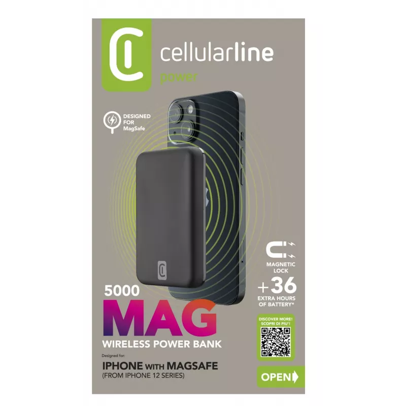 Cellularline bezvadu ārējais akumulators MAG 5000 Pārnēsājams lādētājs saderīgs ar MagSafe sistēmu