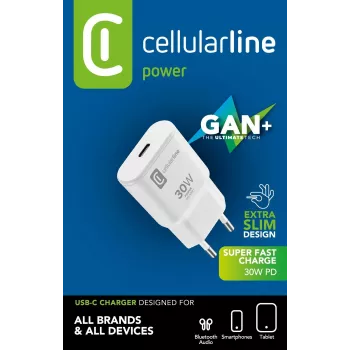 Cellularline GAN sienas lādētājs USB-C 30W PD USB-C 30W PD sienas lādētājs ar GaN tehnoloģiju