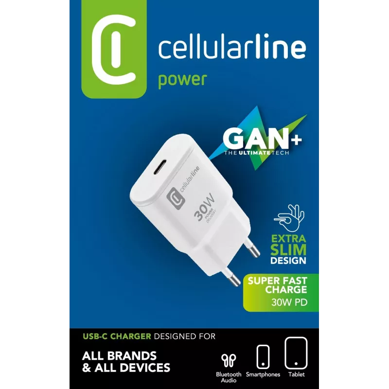 Cellularline GAN sienas lādētājs USB-C 30W PD USB-C 30W PD sienas lādētājs ar GaN tehnoloģiju