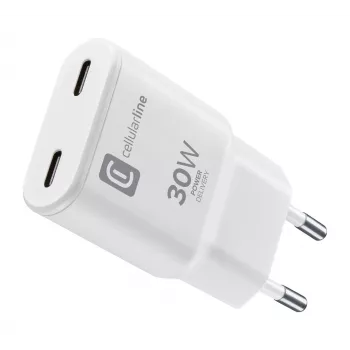 Cellularline GAN sienas lādētājs 2xUSB-C 30W PD 2xUSB-C 30W PD sienas lādētājs ar GaN tehnoloģiju