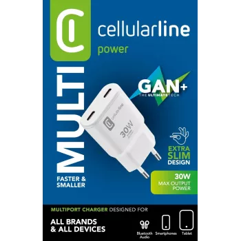 Cellularline GAN sienas lādētājs 2xUSB-C 30W PD 2xUSB-C 30W PD sienas lādētājs ar GaN tehnoloģiju