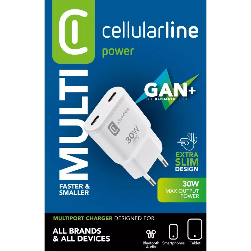 Cellularline GAN sienas lādētājs 2xUSB-C 30W PD 2xUSB-C 30W PD sienas lādētājs ar GaN tehnoloģiju