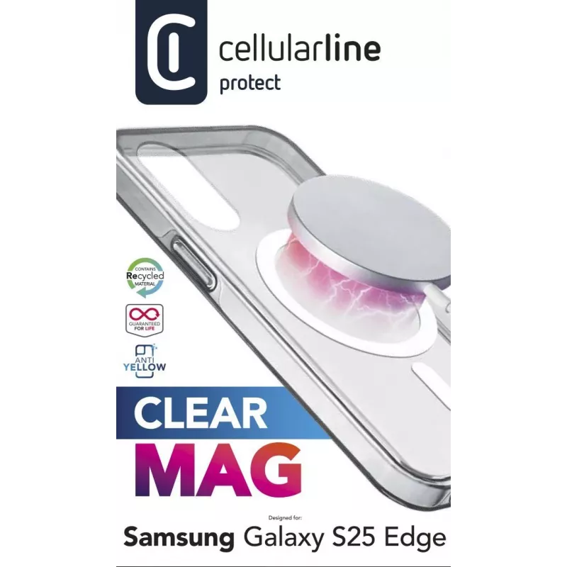 Cellularline Clear Mag - Galaxy S25 Edge īpaši izturīgs caurspīdīgs maciņš ar gumijas malu, saderīgs ar Qi2 ekosistēmu un magnētiskajiem piederumiem, apstrādāts, lai novērstu dzeltēšanu.