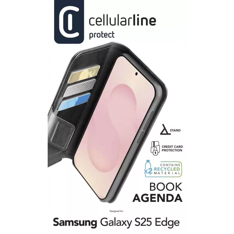 Cellularline Book Agenda Galaxy S25 Edge ādas imitācijas grāmatveida vāciņš ar magnētisko aizdari