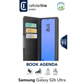 Cellularline Book Agenda - Galaxy S26 Ultra grāmatveida futlāris ar mākslīgās ādas apdari, magnētisko aizdari, RFID aizsardzību un statīva funkciju.