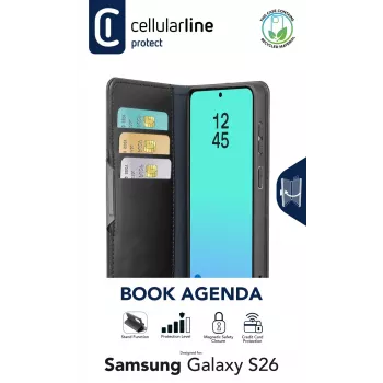 Cellularline Book Agenda - Galaxy S26 grāmatveida vāciņš ar mākslīgās ādas apdari, magnētisko aizdari, RFID aizsardzību un statīva funkciju.