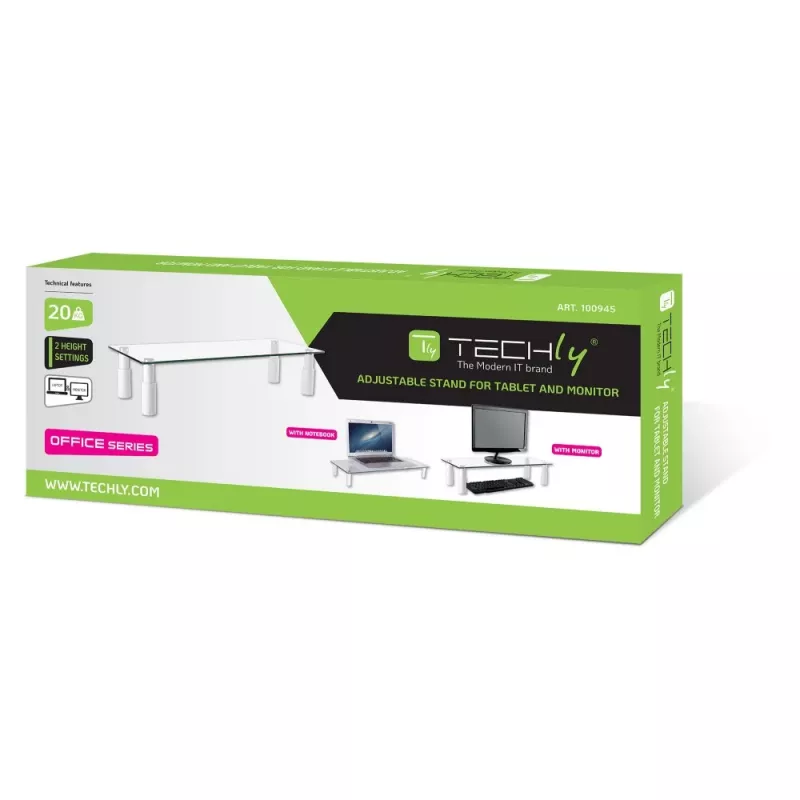 Techly stikla statīvs monitoram / klēpjdatoram, brīvi stāvošs, 20 kg, 33 cm (13 collas), 81,3 cm (32 collas), augstuma regulēšana, caurspīdīgs