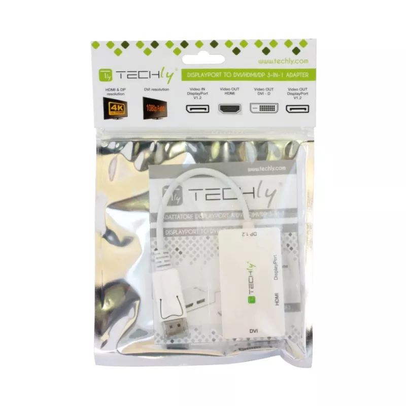 Techly IADAP DP-COMBOF3 video kabeļa adapteris DisplayPort→DisplayPort + DVI + HDMI balts