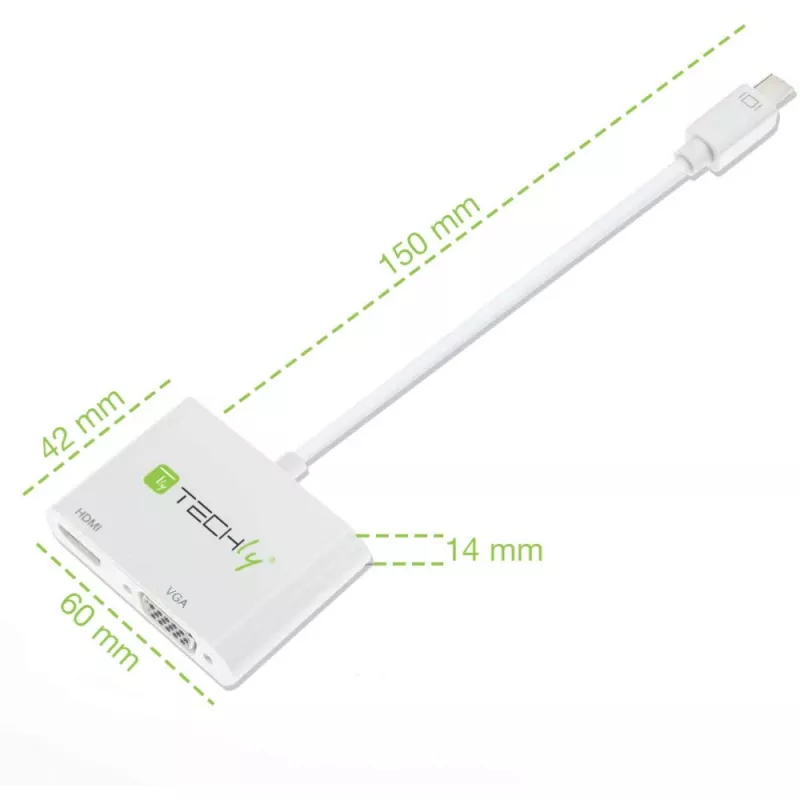 Techly Mini DisplayPort uz HDMI/VGA adapteris, 0,15 m, Mini DisplayPort, HDMI + VGA (D-Sub), Vīrišķais, Sievišķais, 1920 x 1200 pikseļi
