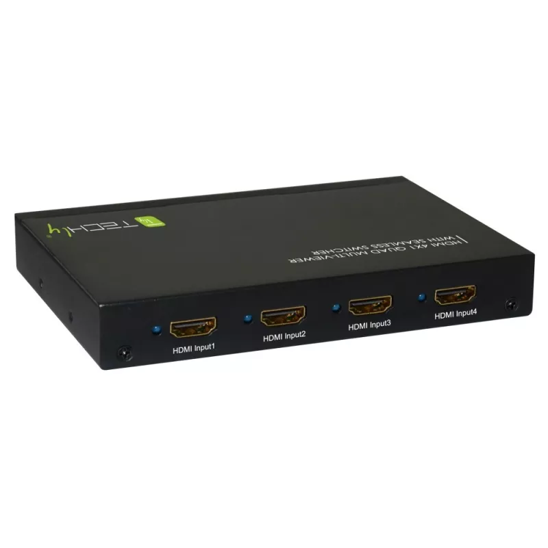 Techly HDMI 4x1 multivieweris ar bezzudumu pārslēdzēju, HDMI, metāls, melns, 60 Hz, 1080p, 2,25 Gbit/s
