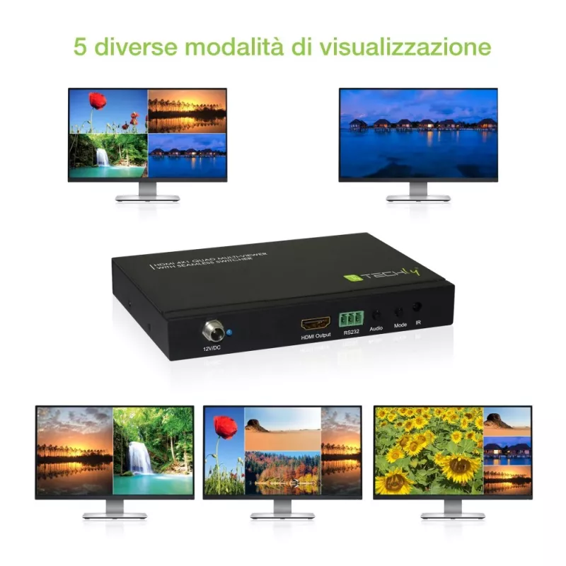 Techly HDMI 4x1 multivieweris ar bezzudumu pārslēdzēju, HDMI, metāls, melns, 60 Hz, 1080p, 2,25 Gbit/s