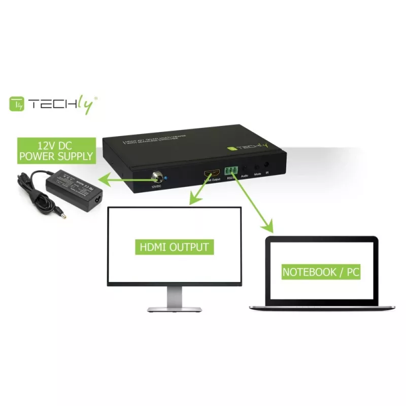 Techly HDMI 4x1 multivieweris ar bezzudumu pārslēdzēju, HDMI, metāls, melns, 60 Hz, 1080p, 2,25 Gbit/s