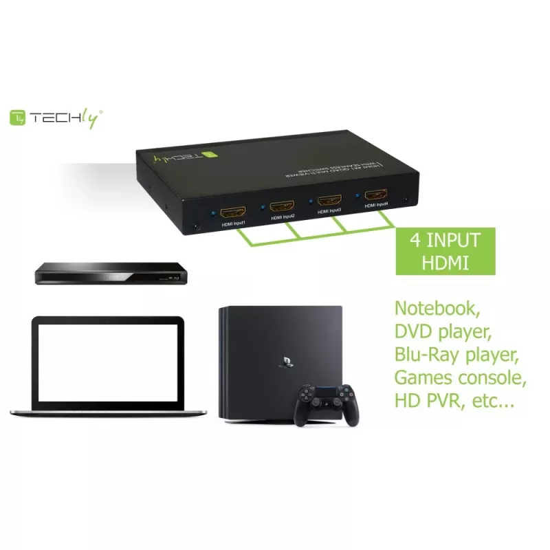 Techly HDMI 4x1 multivieweris ar bezzudumu pārslēdzēju, HDMI, metāls, melns, 60 Hz, 1080p, 2,25 Gbit/s