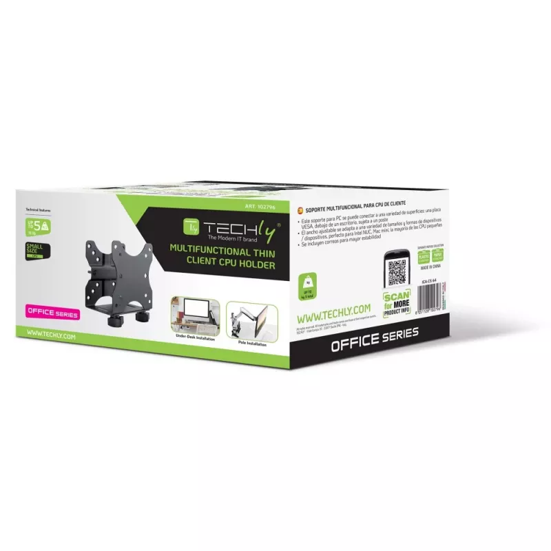 Techly regulējams CPU turētājs zem galda, 5 kg, 75 x 75 mm, 100 x 100 mm, melns