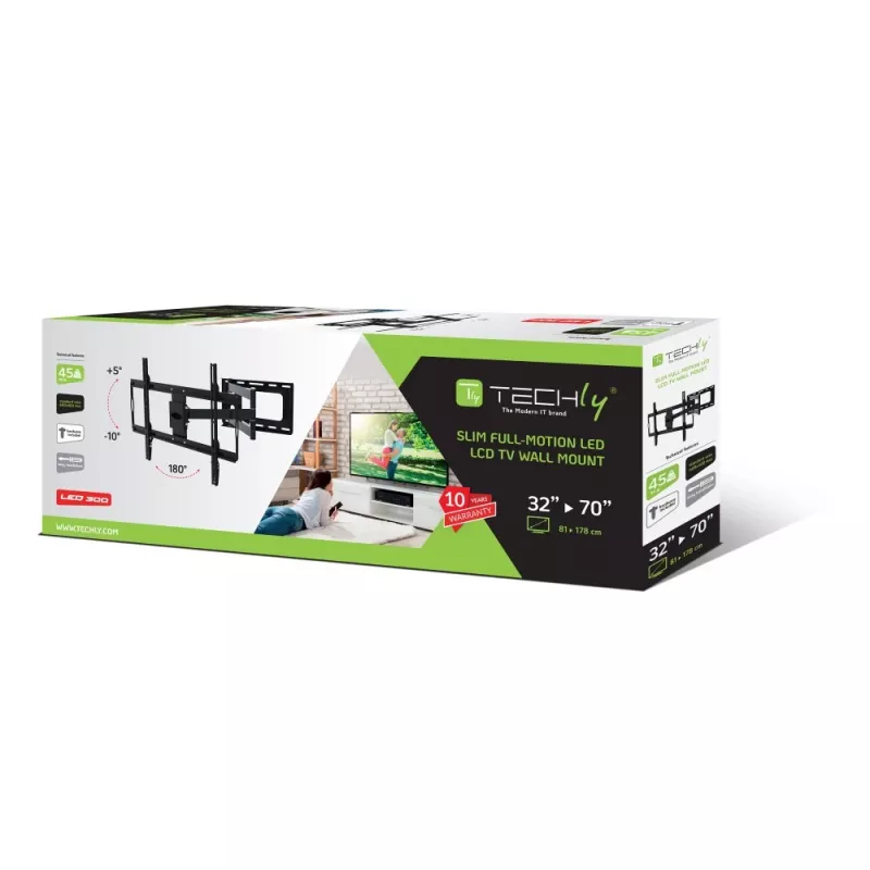Techly plāns sienas stiprinājums 32–70 collu LCD LED televizoram, melns, 81,3 cm (32 collas), 177,8 cm (70 collas), 45 kg, 600 x 400 mm, -10–5°, melns