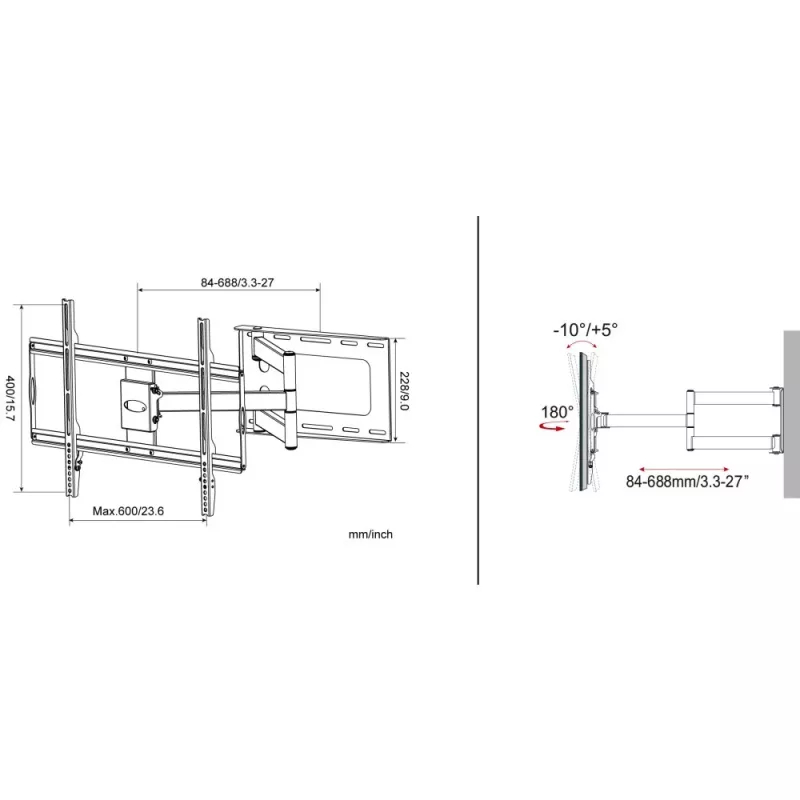 Techly plāns sienas stiprinājums 32–70 collu LCD LED televizoram, melns, 81,3 cm (32 collas), 177,8 cm (70 collas), 45 kg, 600 x 400 mm, -10–5°, melns