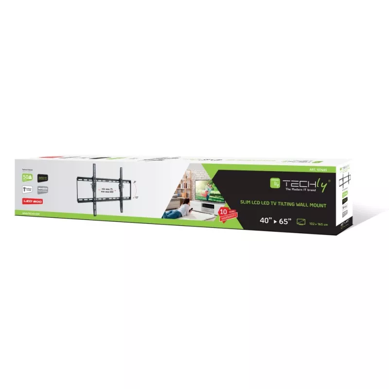 Techly fiksēts sienas kronšteins LED TV LCD 40-65 collas, 165,1 cm (65 collas), 200 x 200 mm, 600 x 400 mm, -12 - 0°, metāls, melns