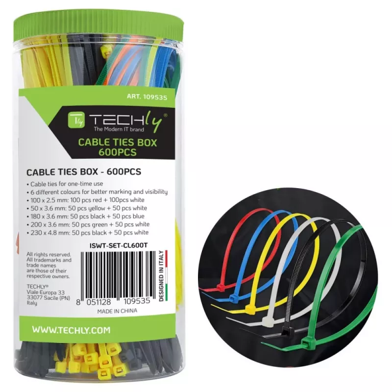 Techly ISWT-SET-CL600T kabeļu saite Paralēlās ievades kabeļu saite Neilons Daudzkrāsains 600 gab.