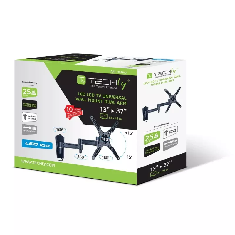 Techly 13-37 LED TV LCD slīpais sienas kronšteins 3 savienojumi Melns” ICA-LCD 2102