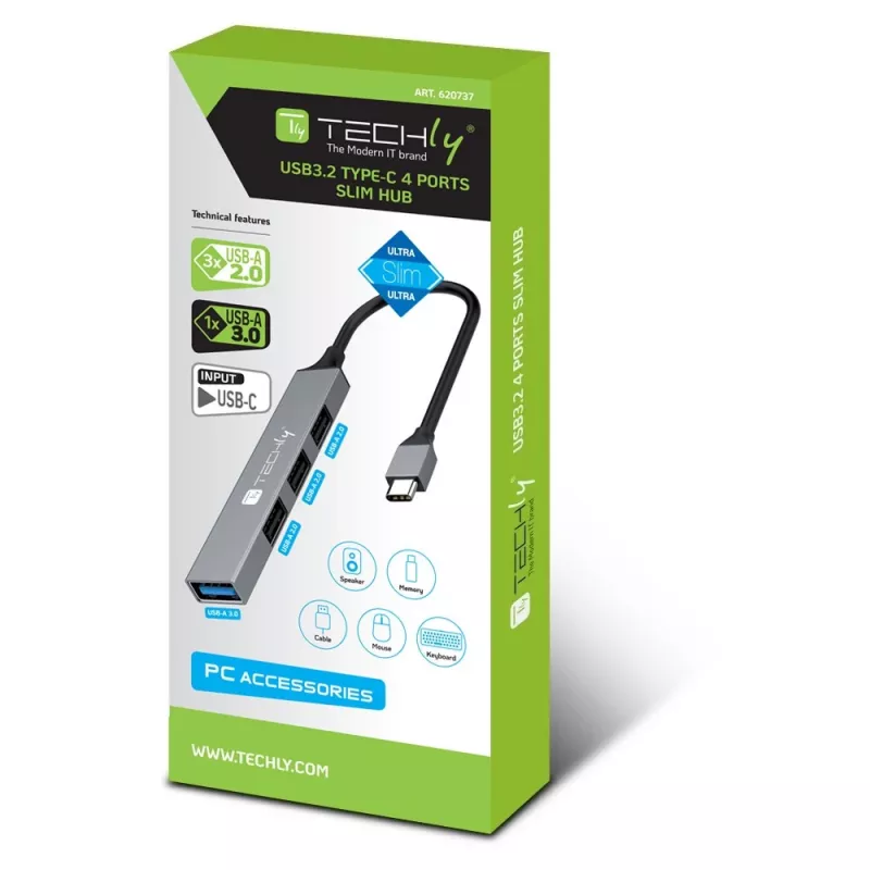 Techly IUSB32-HUB4C-3U2SLS klēpjdatora dokstacija/porta replikators, vadu, USB 3.2 Gen 1 (3.1 Gen 1) Type-C, pelēks