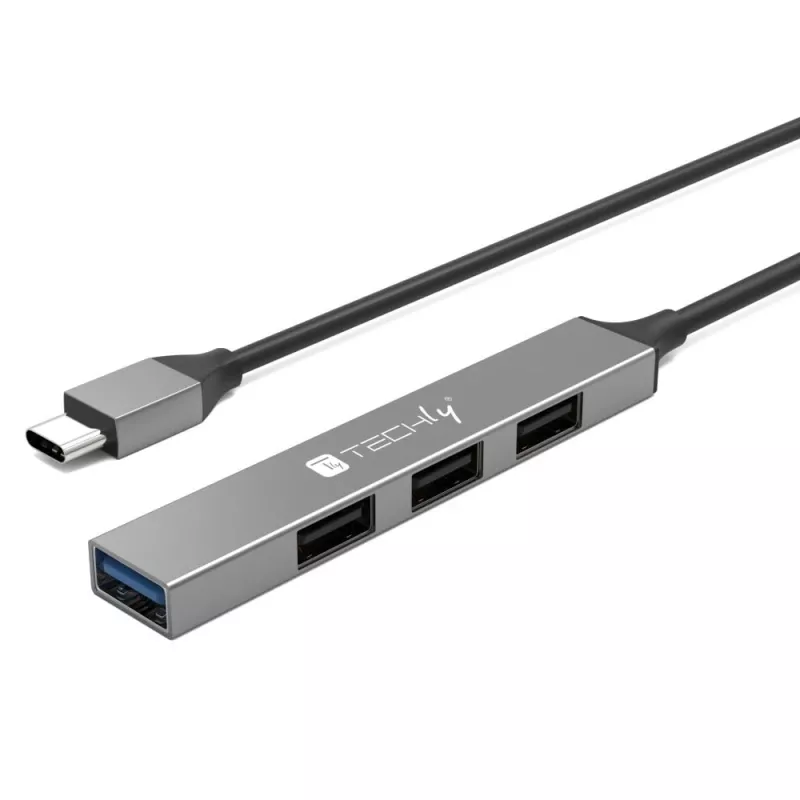 Techly IUSB32-HUB4C-3U2SLS klēpjdatora dokstacija/porta replikators, vadu, USB 3.2 Gen 1 (3.1 Gen 1) Type-C, pelēks
