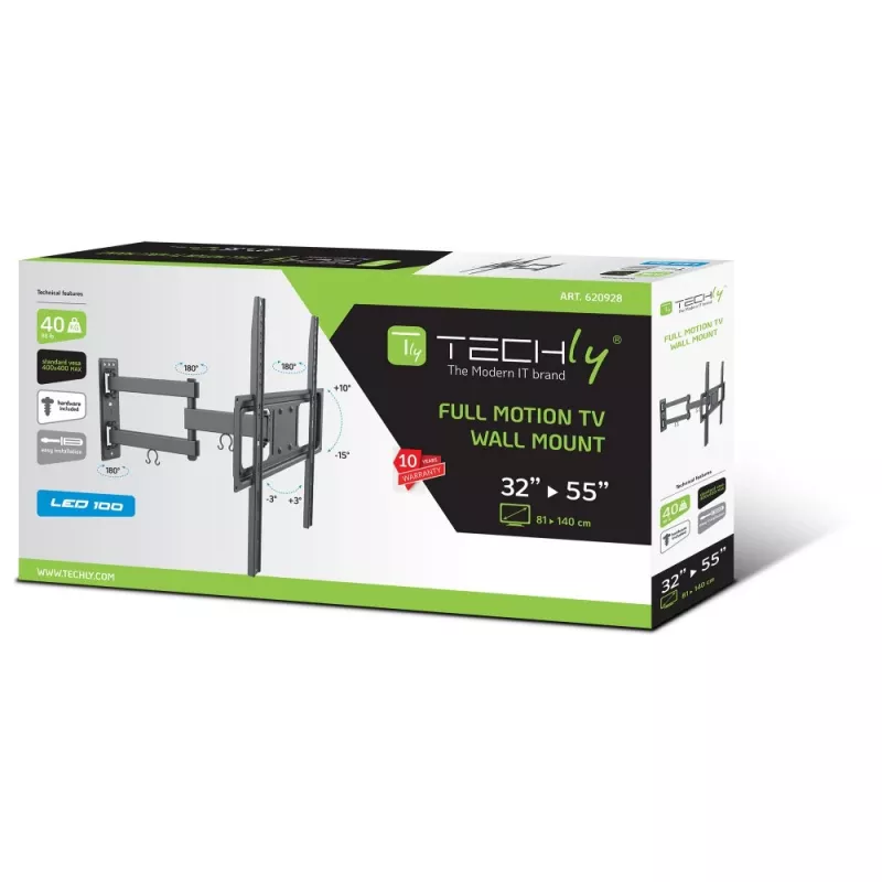 Techly 32-55 collu pilnas kustības LED LCD TV sienas stiprinājums, 400 x 400 mm, -15 - 10°, 10 - 90°, 180°, tērauds, melns