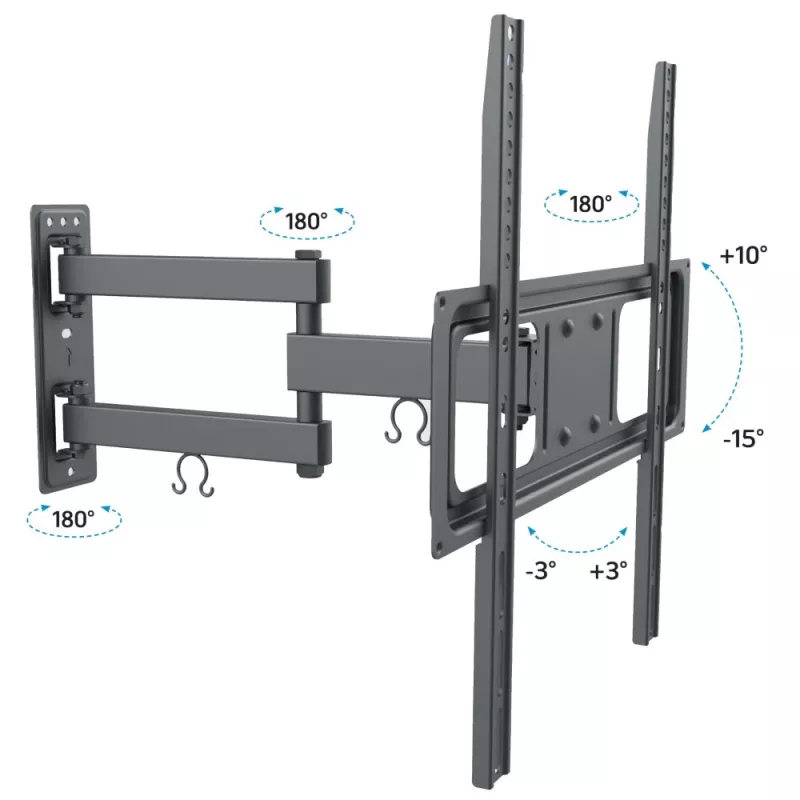 Techly 32-55 collu pilnas kustības LED LCD TV sienas stiprinājums, 400 x 400 mm, -15 - 10°, 10 - 90°, 180°, tērauds, melns