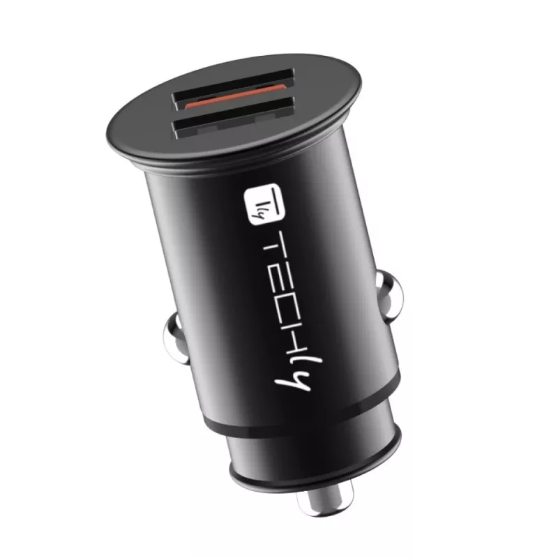 Techly Mini automašīnas lādētājs 2 porti USB-A Quick Charge 3.0 36W melnā metāla korpusā