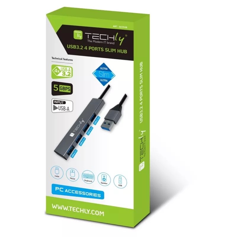 Techly IUSB32-HUB4A-4U3SL klēpjdatora dokstacija/portu replikators ar vadu USB 3.2 Gen 1 (3.1 Gen 1) Type-A pelēks