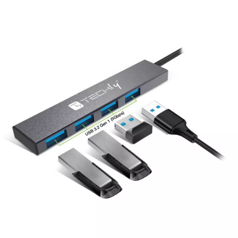 Techly IUSB32-HUB4A-4U3SL klēpjdatora dokstacija/portu replikators ar vadu USB 3.2 Gen 1 (3.1 Gen 1) Type-A pelēks