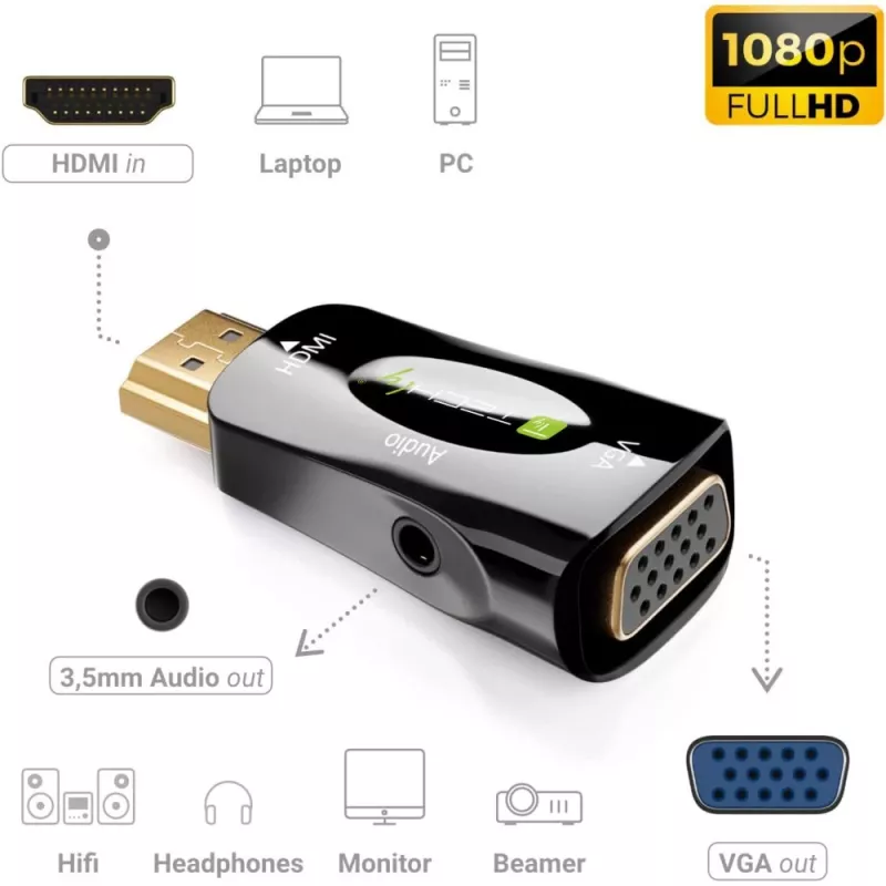 Techly IDATA HDMI-VGA2MABT2 video signāla pārveidotājs Pasīvais video pārveidotājs 1920 x 1080 pikseļi