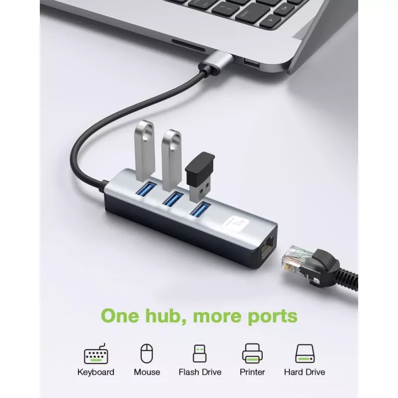 Techly IDATA USB-ETGIGA3AA klēpjdatora dokstacija / portu replikators, vadu savienojums USB 3.2 Gen 1 (3.1 Gen 1) Type-A, melns, sudrabots