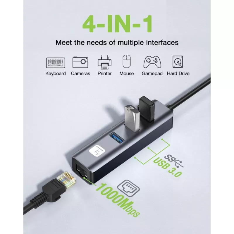 Techly IDATA USB-ETGIGA3AA klēpjdatora dokstacija / portu replikators, vadu savienojums USB 3.2 Gen 1 (3.1 Gen 1) Type-A, melns, sudrabots