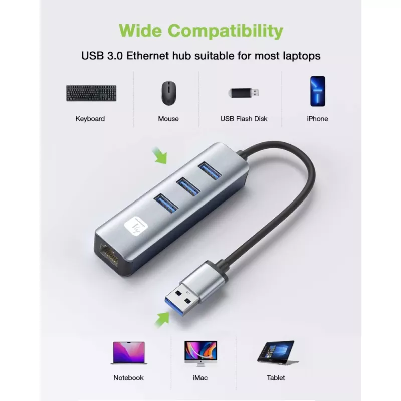 Techly IDATA USB-ETGIGA3AA klēpjdatora dokstacija / portu replikators, vadu savienojums USB 3.2 Gen 1 (3.1 Gen 1) Type-A, melns, sudrabots