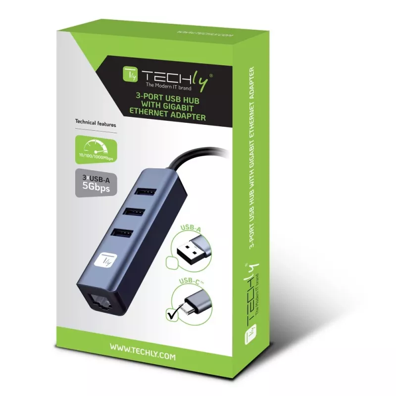 Techly IDATA USB-ETGIGA3CA klēpjdatora dokstacija/portu replikators, vadu, USB 3.2 Gen 1 (3.1 Gen 1) Type-A + Type-C, melns, sudrabains