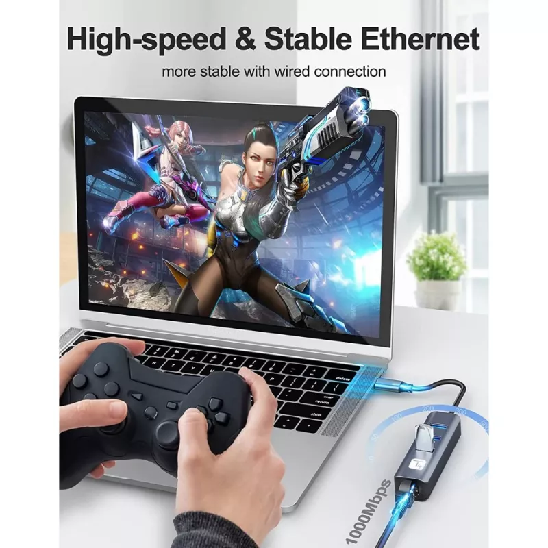 Techly IDATA USB-ETGIGA3CA klēpjdatora dokstacija/portu replikators, vadu, USB 3.2 Gen 1 (3.1 Gen 1) Type-A + Type-C, melns, sudrabains