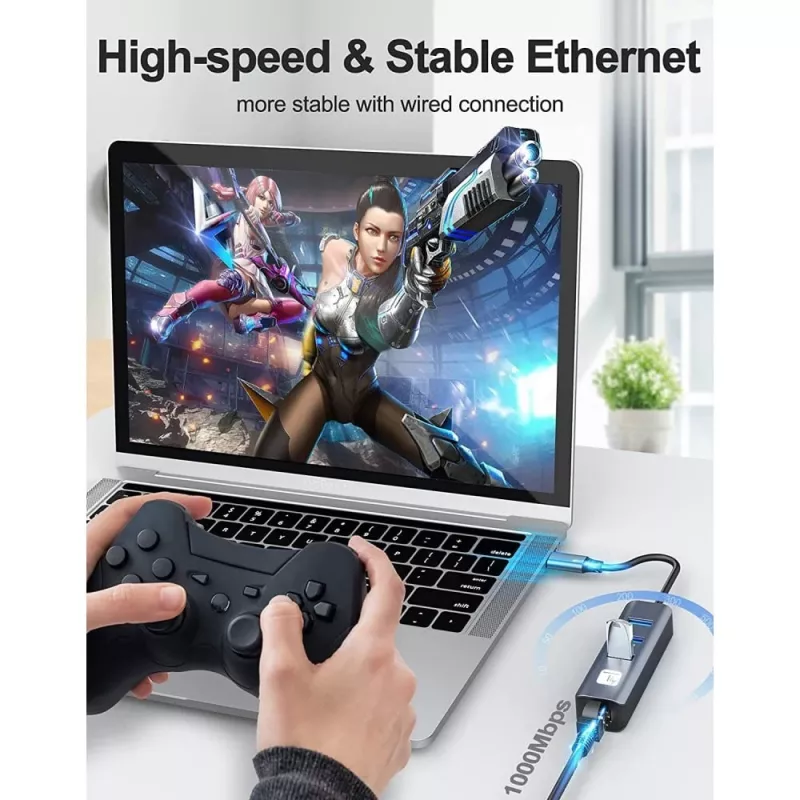 Techly IDATA USB-ETGIGA3CA klēpjdatora dokstacija/portu replikators, vadu, USB 3.2 Gen 1 (3.1 Gen 1) Type-A + Type-C, melns, sudrabains