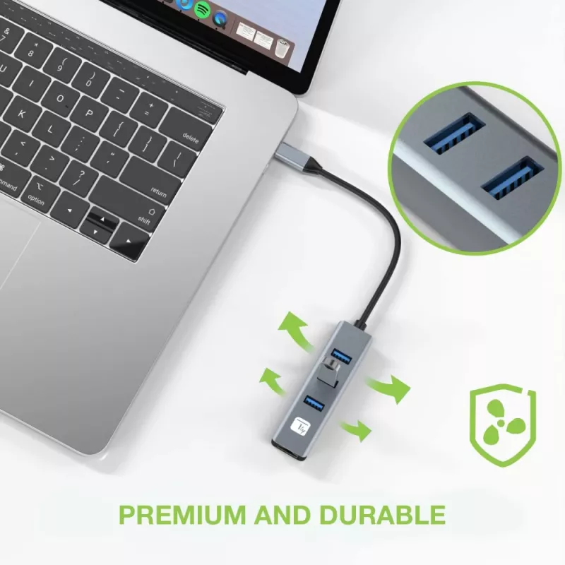 Techly IDATA USB-ETGIGA3CA klēpjdatora dokstacija/portu replikators, vadu, USB 3.2 Gen 1 (3.1 Gen 1) Type-A + Type-C, melns, sudrabains
