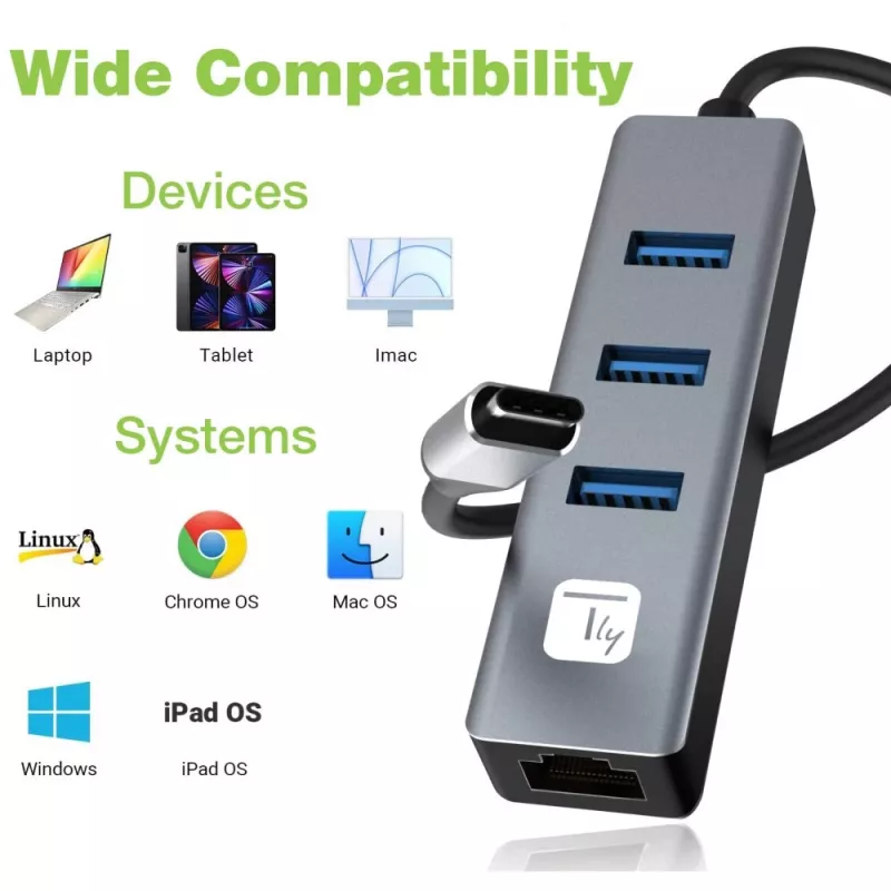 Techly IDATA USB-ETGIGA3CA klēpjdatora dokstacija/portu replikators, vadu, USB 3.2 Gen 1 (3.1 Gen 1) Type-A + Type-C, melns, sudrabains