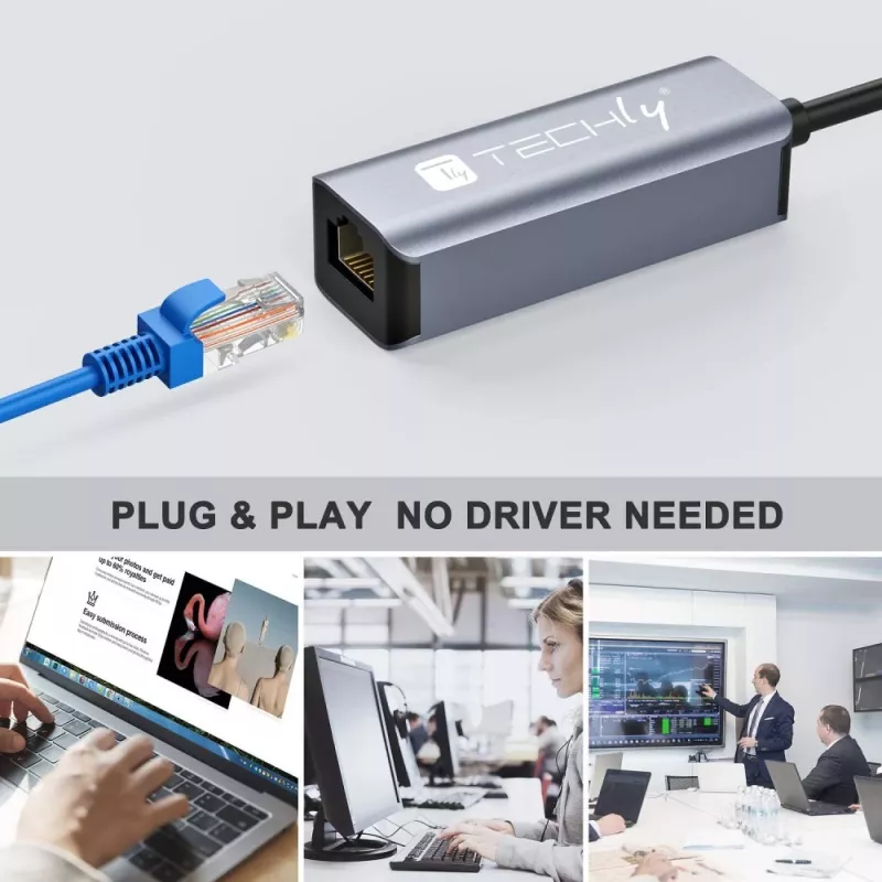 Techly IDATA USB-ETGIGA-CA klēpjdatora dokstacija/porta replikators Vadu USB 3.2 Gen 1 (3.1 Gen 1) Type-C Melna, Sudraba
