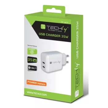 Techly IPW-USB-2C35W mobilās ierīces lādētājs Klēpjdators, Viedtālrunis, Planšetdators Balts Maiņstrāva Ātrā uzlāde Iekštelpās