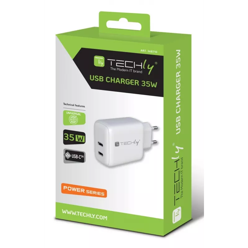 Techly IPW-USB-2C35W mobilās ierīces lādētājs Klēpjdators, Viedtālrunis, Planšetdators Balts Maiņstrāva Ātrā uzlāde Iekštelpās