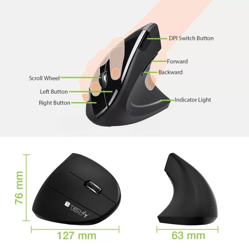 Techly IM 1200-VM-B pele medicīniska labās rokas RF bezvadu optiskā 1600 DPI
