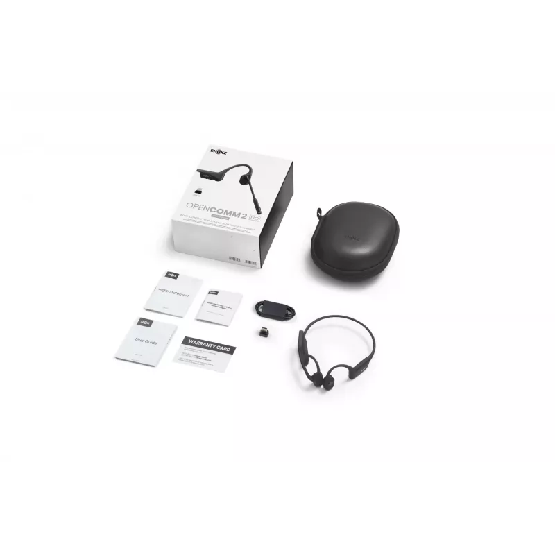 SHOKZ OpenComm2 UC 2025 jauninājums bezvadu Bluetooth kaulu vadītspējas videokonferenču austiņas ar USB-C uzlādes pieslēgvietu un USB-C adapteri | 16 st. sarunu laiks, 29 m bezvadu diapazons, 1 st. uzlādes laiks | Ietver trokšņus slāpējošu mikrofona strēli un sargspraudni, melnas