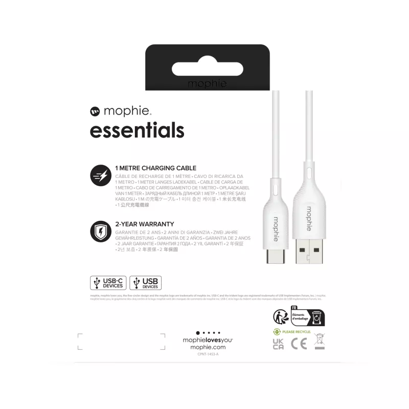 mophie essentials uzlādes kabeļi | 1M USB kabelis USB 2.0 USB A USB C Balts
