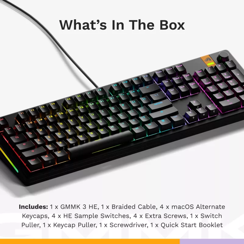 Glorious Gaming GMMK 3 HE 100% Prebuilt Wired Melns - US, Wired, USB, Mechanical, QWERTY, RGB LED, Melns